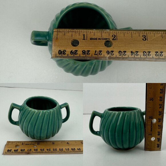 Vtg Small Ceramic Creamer Sugar Set MCM Sage Green Teal Swirled Ribbed Textured - Picture 4 of 10